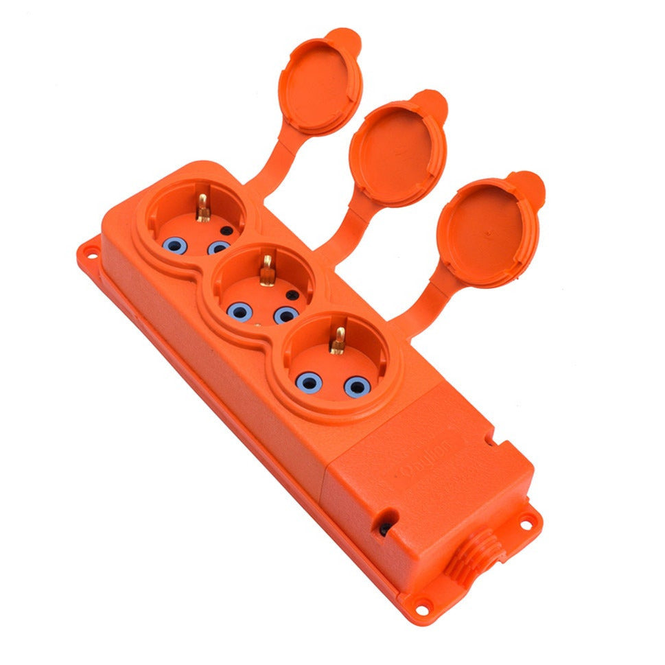 Trojitá "gumová" oranžová zásuvka s víkem hermetický IP44 230V, 16A, 2P+Z, 3KMP, Bylion 3 way socket orange with lid Listwa, gniazdo gumowe potrójne 3KMP-E-O SCHUKO