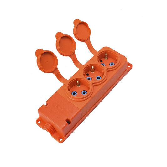 Trojitá "gumová" oranžová zásuvka s víkem hermetický IP44 230V, 16A, 2P+Z, 3KMP, Bylion 3 way socket orange with lid Listwa, gniazdo gumowe potrójne 3KMP-E-O SCHUKO