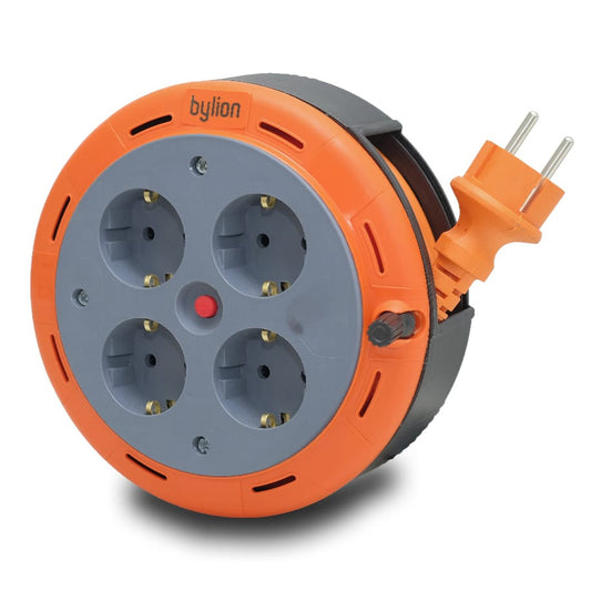 Kompaktní kazetový rolovací prodlužovací kabelový, 5m kabel se 4 zásuvkami IP20 + tepelná pojistka +dětská pojistka, 3x1mm2, SCHUKO typ uzemnění , PHE-05310-F