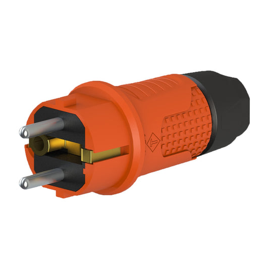 Oranžová gumová zástrčka IP54, 250v 16a na kabel, Uni-Schuko (dvojité uzemnění), 2P+E, REF-O , Bylion Wtyczka gumowa hermetyczna pomarańczowy rubber power plug