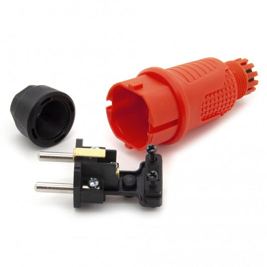 Oranžová gumová zástrčka IP54, 250v 16a na kabel, Uni-Schuko (dvojité uzemnění), 2P+E, REF-O , Bylion Wtyczka gumowa hermetyczna pomarańczowy rubber power plug