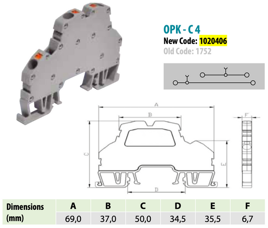 ONKA 4mm2, connecteur à ressort à 2 niveaux pour bornier Terminal sur rail DIN 4 conducteurs gris, 1020406