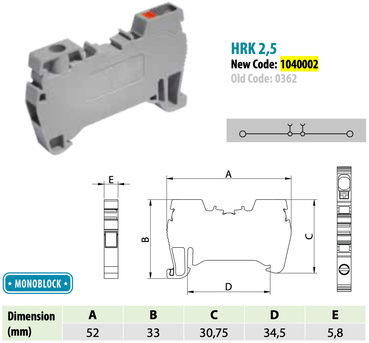 ONKA 2,5mm2 Hybride Schroef- / Veerklem Railverbinding Terminaal voor DIN-rail 2-draads grijs, 1040002