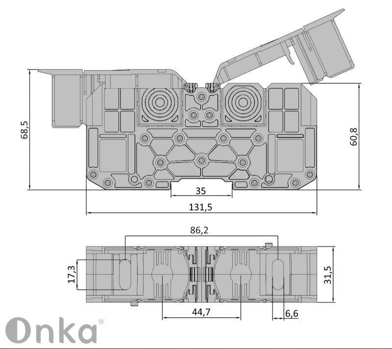 ONKA 70mm2 M8 Šroubová kolejnicová spojka svorkovnice terminál na DIN lištu s ochranným krytem, šedá, 1030045 Principal Elektrik