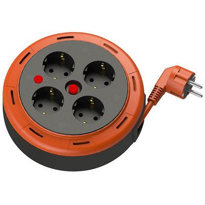 Kompaktní kazetový rolovací prodlužovací kabelový, 5m kabel se 4 zásuvkami IP20 + tepelná pojistka +dětská pojistka, 3x1mm2, SCHUKO typ uzemnění , PHE-05310