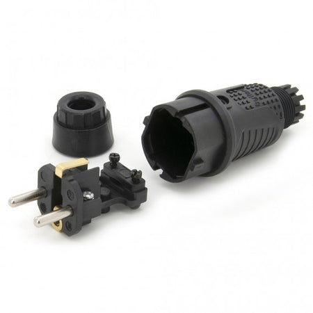 Černá gumová zástrčka IP54, 250v 16a na kabel, Uni-Schuko (dvojité uzemnění), 2P+E, REF, Bylion Wtyczka gumowa hermetyczna czarny black rubber plug