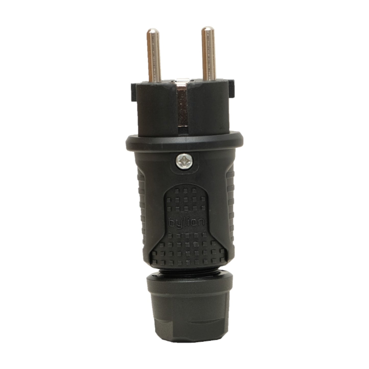 Černá gumová zástrčka IP54, 250v 16a na kabel, Uni-Schuko (dvojité uzemnění), 2P+E, REF, Bylion Wtyczka gumowa hermetyczna czarny black rubber plug