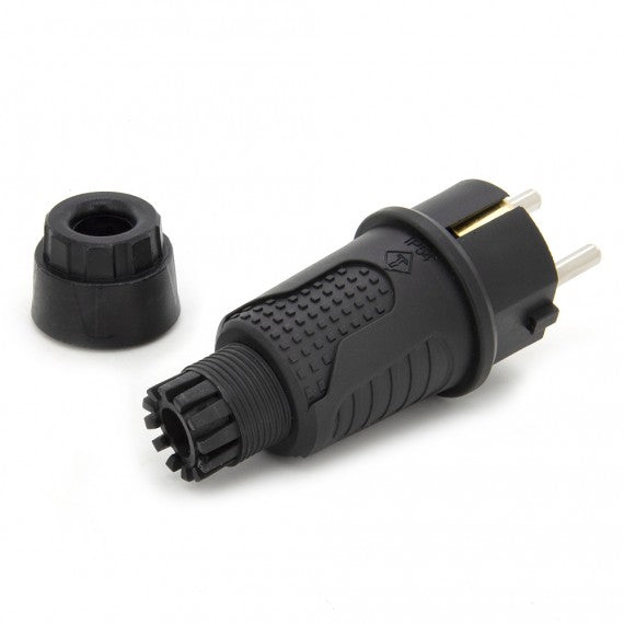 Černá gumová zástrčka IP54, 250v 16a na kabel, Uni-Schuko (dvojité uzemnění), 2P+E, REF, Bylion Wtyczka gumowa hermetyczna czarny black rubber plug