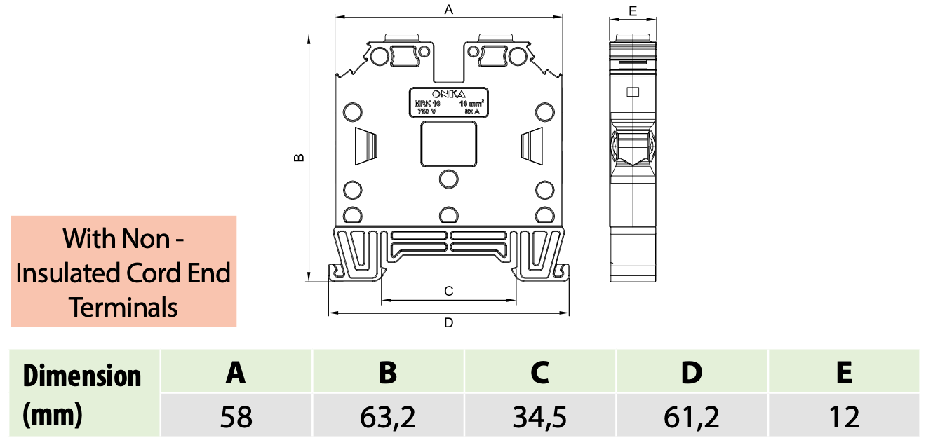 ONKA 25mm2 Šroubová kolejnicová spojka svorkovnice Terminál na DIN lištu 2-vodičová modrá, 1010065