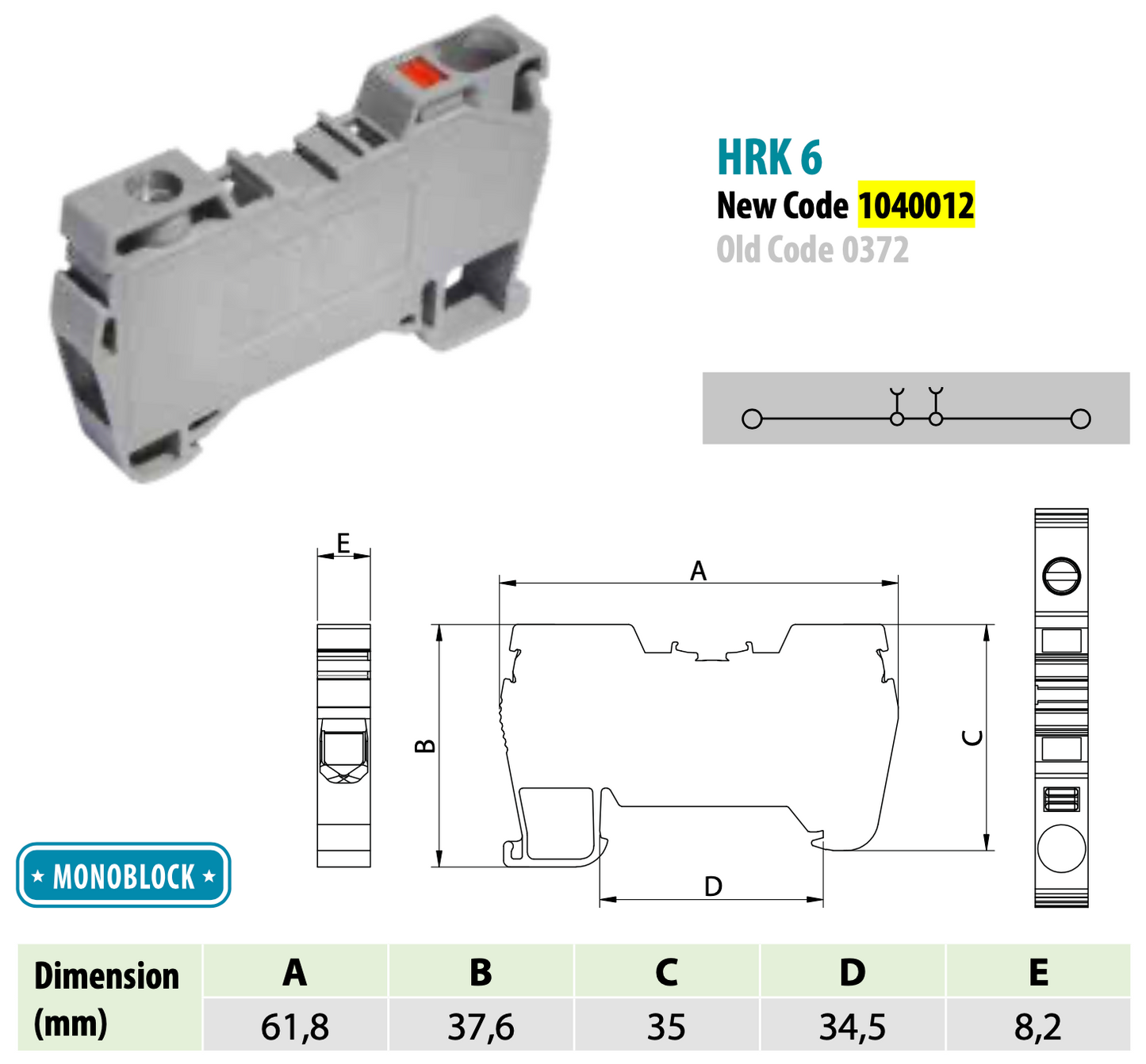 ONKA 6mm2 Giunto a vite / a molla ibrido per barra di collegamento terminale su guida DIN 2 fili grigio, 1040012