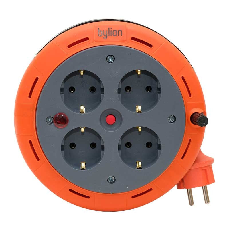 Kompaktní kazetový rolovací prodlužovací kabelový, 5m kabel se 4 zásuvkami IP20 + tepelná pojistka +dětská pojistka, 3x1mm2, SCHUKO typ uzemnění , PHE-05310